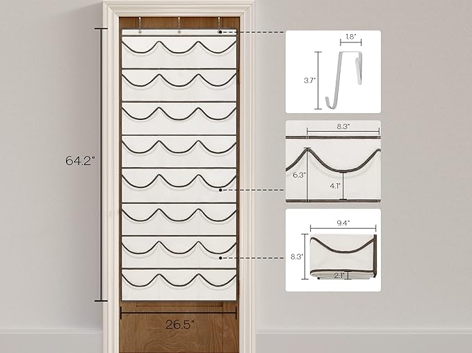 LoforHoney Hat Organizer for Baseball Caps, Over The Door Hat Rack with 24 Deep Pockets, 3 Hooks, Visible Hat Holder, Beige