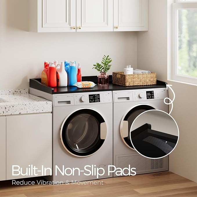 Washer Dryer Countertop, 54" W x 27.5"D Washer Dryer Topper with Non-Slip Mat, Laundry Countertop Organizer for Folding Clothes, Black