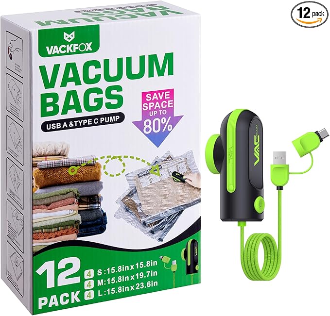 12 Pack Travel Vacuum Bags for Clothing with USB and TYPE C Pump, Compression Seal Packing Cubes for Luggage Suitcase Backpack,Carry-on Size Space Saver Storage Bags for Vacation Cruise（Green）