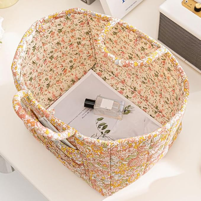 Quilted Fabric Basket Car Storage Basket Boho Floral Laundry Hamper for Nursery Bedroom & Living Room | Organize Clothes Toys