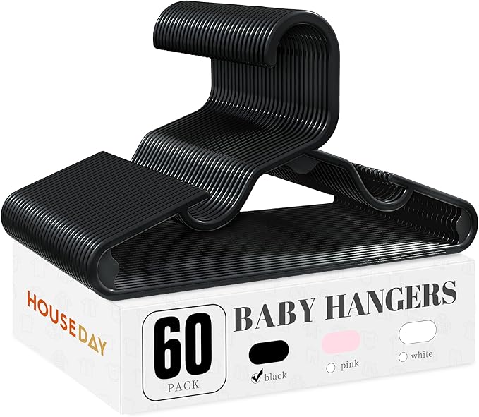 HOUSE DAY Plastic Baby Hangers for Closet 60 Pack, Durable Plastic Kids Hangers for Baby Clothes, Thin & Compact Childrens Hangers, Space Saving Black Baby Hanger, Small Hanger for Kids Clothes