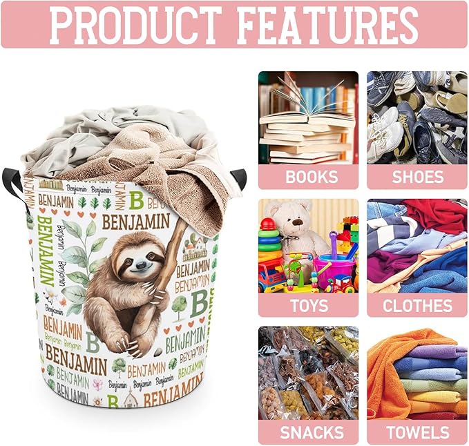 Sloth Laundry Basket,Custom Laundry Hamper with Name,Personalized Sloth Gifts for Boys Girls,Customize Collapsible Laundry Basket for Bedroom Bathroom,S-16.5"x 13.8"