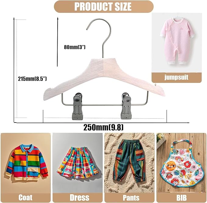White 9.8" Ultra-Thin Wooden Children Closet Clothes Clips Hangers 12PCS Wood Baby Kids Coat Hangers for Infant Toddler Newborn Jumpsuit Pants Skirts Jeans Space Saving Heavy Duty Durable