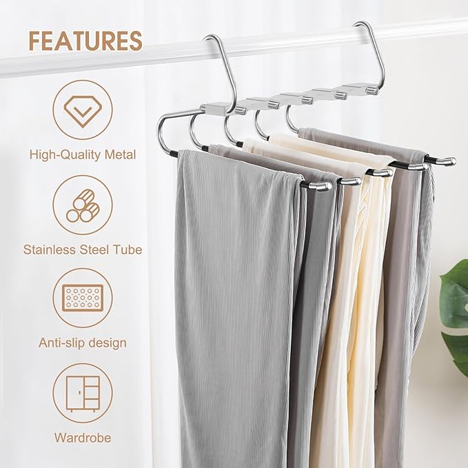 4 Pack Pants Hangers Space Saving, Anti-Slip Multi-Functional Pants Rack, Thickened Stainless Steel Tube, Two Hanging Modes Suitable for Jeans Trousers Skirts Scarf-Grey