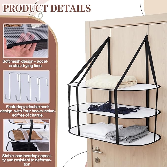 CINPIUK 3-Tier Sweater Drying Rack Over The Door, Foldable Mesh Hanging Dryer Flat with Hooks, Large Breathable Laundry Drying Hanger, Clothes Lay Flat Dryer for Apartments Dorms Bathrooms