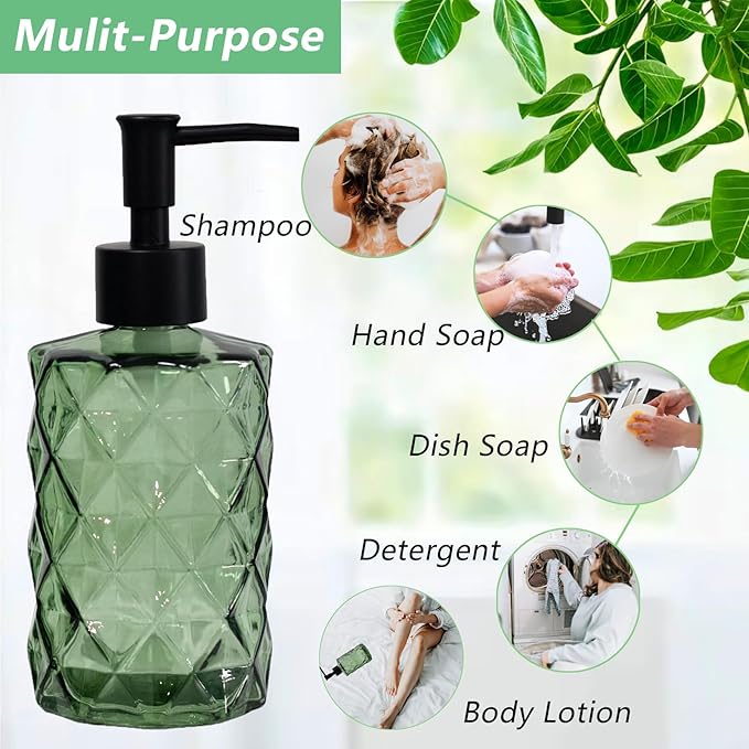 Green Soap Dispenser, 12oz Black Pump Green Glass Soap Dispenser, Refillable Hand Liquid Dispenser Set, Lotion Dish Dispenser for Modern Home Decor, Bathroom, Kitchen Countertop(2 Pack)