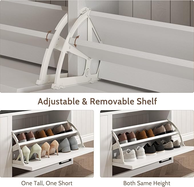 Shoe Storage Bench with Cushioned Seat, 2-Tier Entryway Bench with 2 Flip Drawers & Adjustable Shelves, 39.4" Shoe Rack Bench for Entryway, Living Room, Hallway (White)