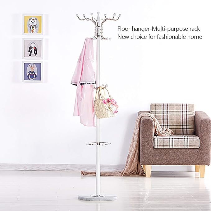 67" Metal Coat Rack Stand with Natural Marble Base, Free Standing Hall Tree with 16 Hooks for Hanging Scarf, Bag, Jacket, Home Entry-way Hat Hanger Organizer (White)