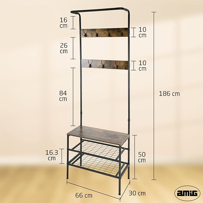 Amig - Lukïen Standing Coat Rack with Shoe Rack - Industrial Style Bench - 183 x 66 x 32.5 cm - Metal and Wood - Black and Brown - Donkey for Hallway or Entrance Rustic Style