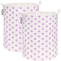 Sea Team 2-Pack 19.7 Inches Large Sized Waterproof Coating Ramie Cotton Fabric Folding Laundry Hamper Bucket Cylindric Burlap Canvas Storage Basket with Stylish Polka Dot Design (19.7", Purple)