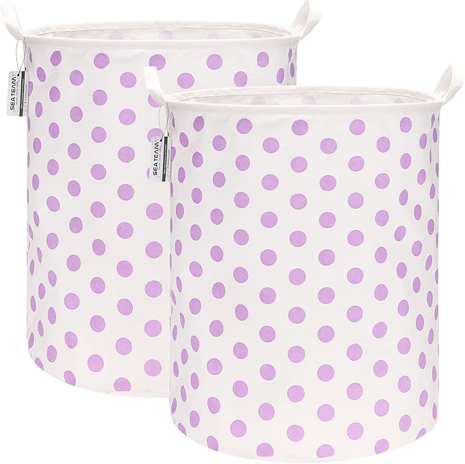 Sea Team 2-Pack 19.7 Inches Large Sized Waterproof Coating Ramie Cotton Fabric Folding Laundry Hamper Bucket Cylindric Burlap Canvas Storage Basket with Stylish Polka Dot Design (19.7", Purple)
