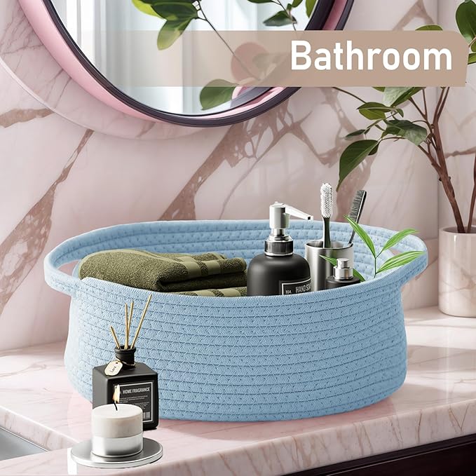 Woven Basket,Small Rope Storage Bin with Handles & Ribbon Bag, Organizer for Shelves Closets,Gift Basket Empty for Birthday,Books,Dog Toys, Blue