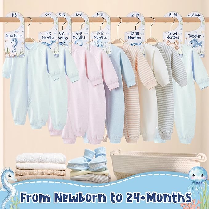 Baby Closet Dividers 8PCS, Under The Sea/Ocean Animal Theme Wooden Double-Sided Clothes Size Hanger Organizer from Newborn to Toddler for Nursery Decor Baby Shower Birthday Gift