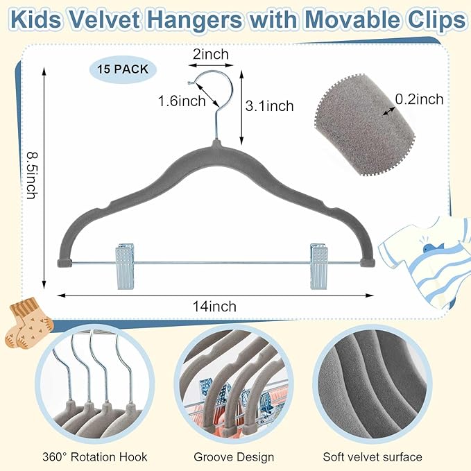 Vesici 14 Inch Extra Large Kids Velvet Hangers with Movable Clips 15 Pack, Non Slip Felt Clothes Hangers for Kids and Preteens, Heavy Duty and Space Saving for Pants, Skirts, Coat, Gray