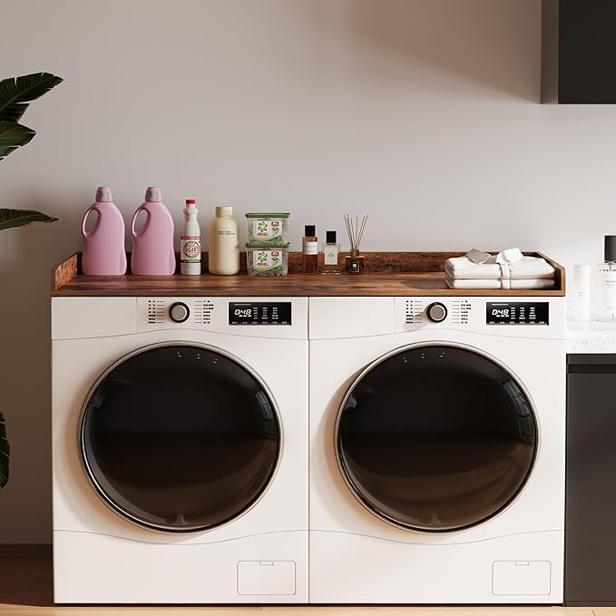 Washer Dryer countertop with Edge Rails and Non-Slip Mat,Wooden Laundry Countertop for Laundry Room Storage Organization (Rustic Brown, Full)