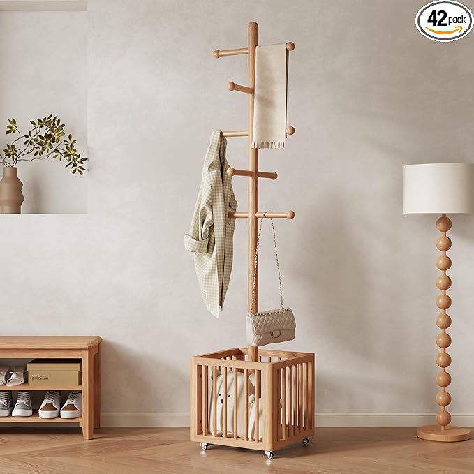 Solid Wood Coat Rack,standing coat rack with 10 Hook,Coat Rack for Freestanding,Bedroom,Living Room,Office,Hang Jackets,Bags,Clothes,Headphones(Natural)