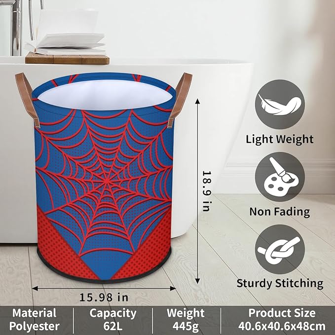 Large Laundry Hamper Basket Blue Spider Web Round Collapsible Storage Organizer Bin for Kids Room, Boys, Nursery, Closet, Bedroom, Playroom, Toys, Dirty Clothes, 16"W x 20"H