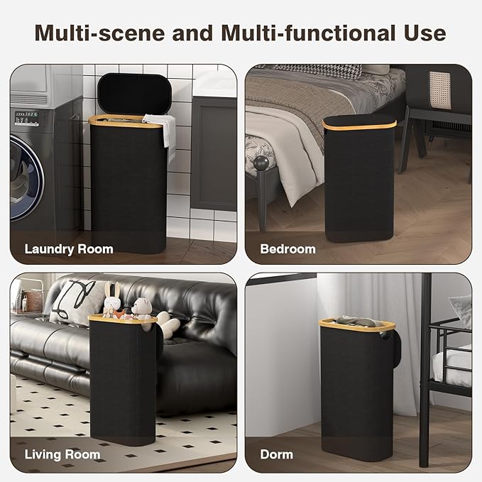 75L Slim Laundry Hamper with Lid, Dirty Clothes Hampers for Laundry, Collapsible Laundry Baskets for Small Spaces, Bedroom, Bathroom, Laundry Room, Black
