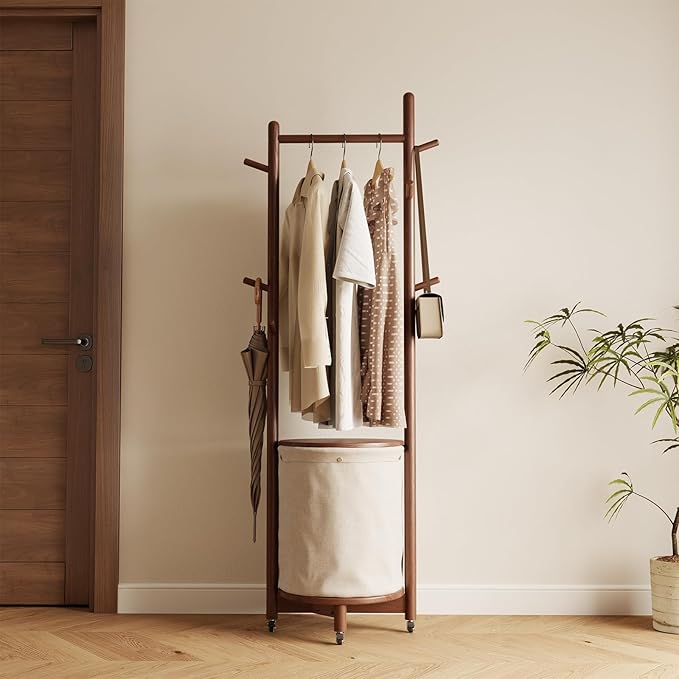 Solid Wood Coat Rack with Fabric Basket - Coat Hanger Stand Coat Tree Rack Freestanding with 9 Hooks Wheels, Small Clothes Rack For Entryway Bedroom Hallway Living Room