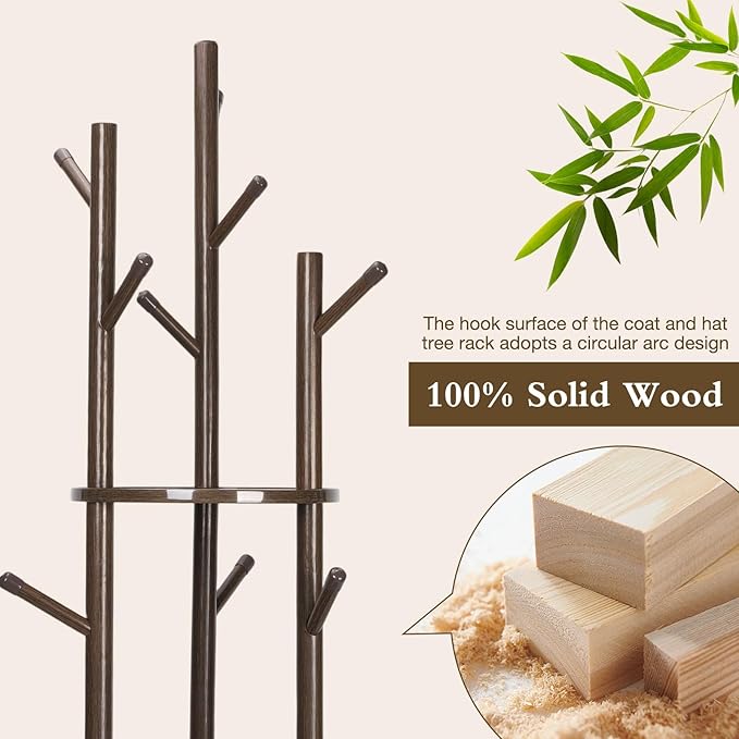 Wood Coat Rack with 3 Shelves and 9 Hooks, Freestanding Rotary Coat Tree for Entryway, Bedroom, Living Room, Hallway – Holds Jackets, Coats, Hats, Bags (Walnut)