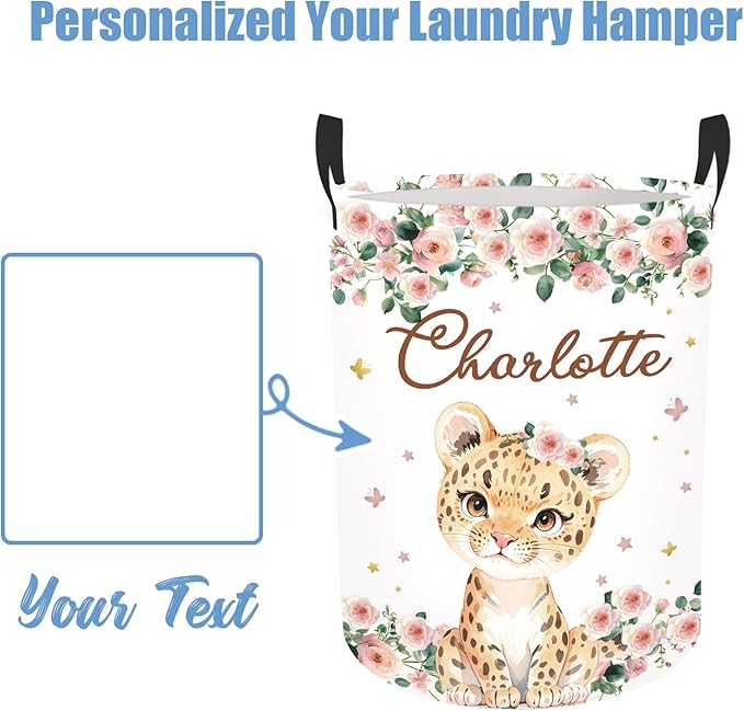 Custom Baby Girl Laundry Basket for Nursery, Personalized Name Pink Lion Baby Laundry Hamper with Handles, Customize Baby Clothes Hamper for Toddler Girls Adults 2 Sizes