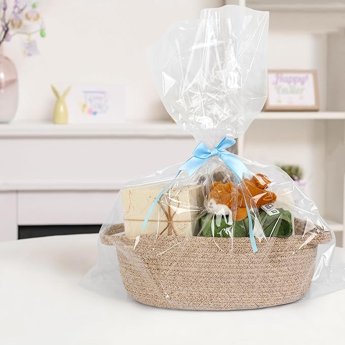 Brown Variegated Small Woven Basket, 13” x 9” x 5” Baskets for Gifts Empty, Cotton Rope Gift Basket, Cute Nursery Baby Organizer, Cat Dog Toy Bin Box, Wicker Storage Bin with Handle