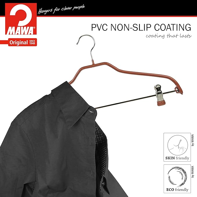 Mawa by Reston Lloyd Silhouette Series Non Slip Space Saving Hanger with Pant Clips, Style 40/FK,Set of 5, Copper