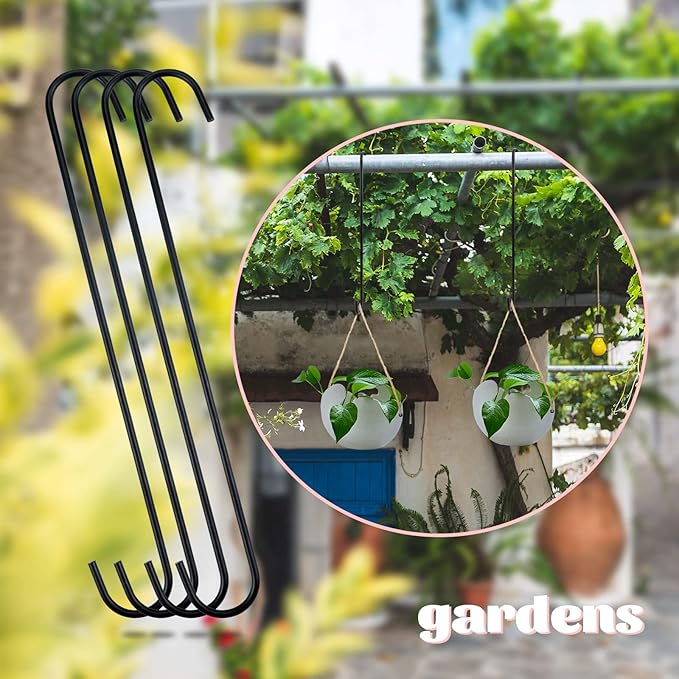 Bercoor 8 Pack 11.8 inch Extra Large S Hooks Black Heavy Duty Plant Hanging Hooks Long S Shaped Extension Hooks for Kitchenware, Pots, Utensils, Plants, Wardrobe, Gardening Tools, Clothes