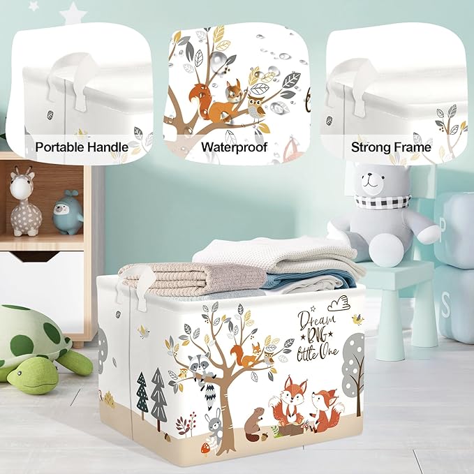 Forest Animals Laundry Hamper Woodland Tree Large Storage Basket Parents Organizer Kids Clothes Toy Bins for Bedroom, Bathroom, Fox, 36L