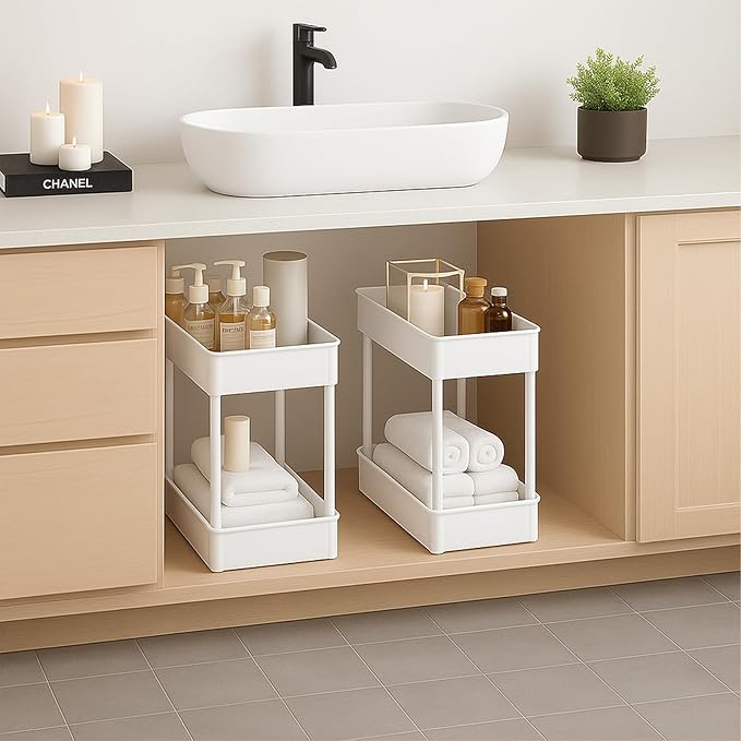 ShellKingdom 4 Tier Bathroom Storage Organizer, Slim Rolling Storage Cart for Narrow Space, Mobile Shelving Unit with Lockable Wheels and Hooks for Bathroom, Kitchen, Laundry Movable Shelf (White)