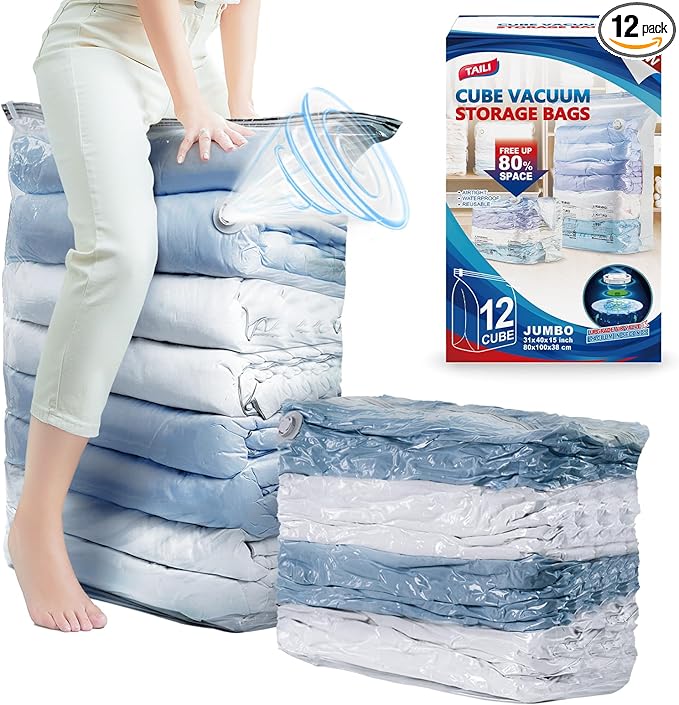 TAILI 12 Pack Vacuum Storage Bags, Jumbo Cube Space Saver (31x40x15 Inch), XL Large Vacuum Seale Bags for Comforters Blankets Bedding, Clothing, Clear