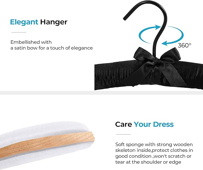 JS Hanger Padded Hanger for Sweaters - 17 Inch Extra Large Heavy Duty Satin Covered Coat Hangers No Shoulder Bump for Women Clothes, Sweaters, Dresses, Clothing, Weddings, Lingerie Pack of 10, Black