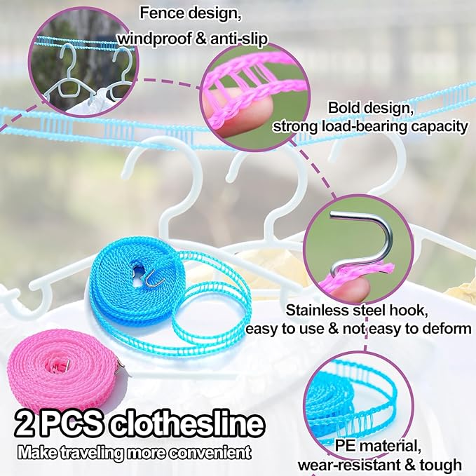 24 PCS Travel Hangers,Portable Folding Clothes Hangers,Clothes Hangers with Clotheslines,Foldable Clothes Drying Rack for Travel,Plastic Foldable Non Slip Clothing Hangers