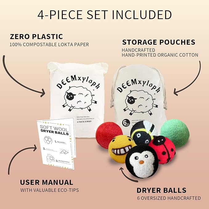 Smiley Face Wool Dryer Balls 6-Pack,Chemical-Free Softening, Multi-Color Happy Motifs, 4-Season Static Shield - Faster Drying for Gym Gear, Linens, Pet Towels