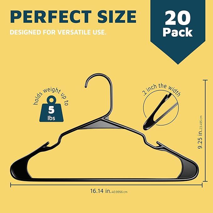 Lifemaster Plastic Clothes Hangers – Heavy Duty Hanger Set, for Organizing Clothes, Dresses, and Coat, Holds Up to 5 lbs, Space-Saving Hangers with Non-Slip Shoulder Grooves, Pack of 20, Black