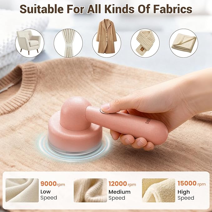 DBC Rechargeable Fabric Shaver and Lint Remover,2.7" Sweater Shaver with 3-Speeds and 6-Leaf Blades, 2hours runtime, 2 Replaceable Blades, Battery Operated,Remove Pilling, Furniture,Fuzz,Lint Ball