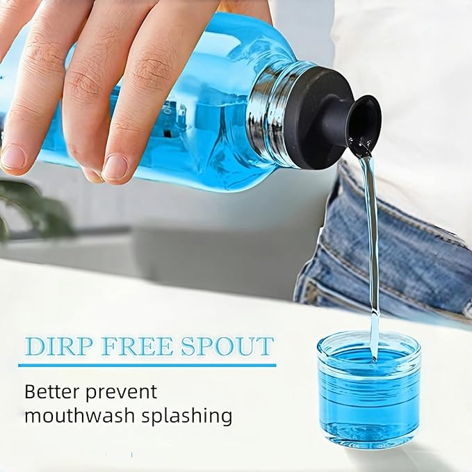 Glass Mouthwash Dispenser for Bathroom, 10.8oz Mouth Wash Container Bottle with Lid Cup, Refillable Glass Mouth Wash Decanter, Clear Mouth Wash Bottle for Countertop/6 Pcs Label-2 Pack