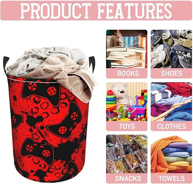 Game Joysticks Red Background Round Laundry Hamper Storage Basket Toys Clothes Organizer Bin For Home Bathroom Bedroom Dorm Nursery, 38l