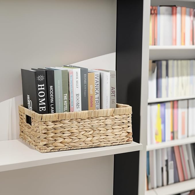 Wicker Baskets, Baskets for Organizing, Rattan Woven Basket for Storage, Organizer Bins with Built-in Handles, Storage Basket for Shelves (Water Hyacinth, Large)