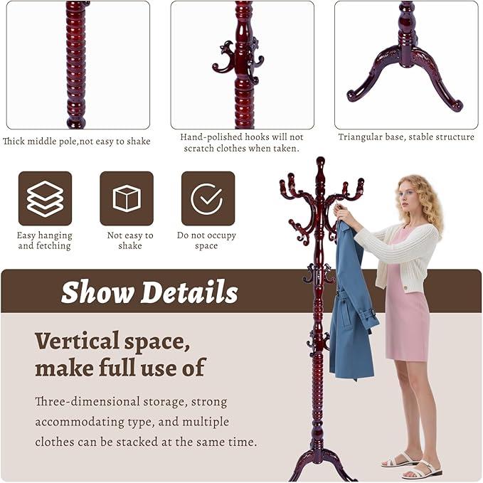 Wooden Coat Rack Freestanding with Resin Hooks, Adjustable Heavy Duty Stand for Hanging Coats, Bags, Hats, and Umbrellas in Living Room, Bedroom, Entryway (Tripod-Rosewood color)