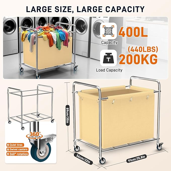 Commercial Laundry Cart with Wheels, 400L Heavy Duty Laundry Cart on Wheels for Home & Hotel, Waterproof Oxford, Sturdy Steel Frame, Easy to Install(Beige)