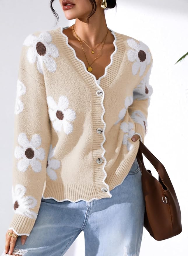 Pink Queen Fuzzy Sweater Cardigan for Women 2025 Fashion Long Sleeve Flower Outerwear Button Down Open Front Cardigan Coat