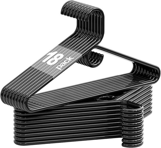 Heavy Duty Plastic Hangers 18 Pack, Black Plastic Hangers for Standard Size Clothes with Hook & Non-Slip Pants Bar for Shirts, Pants, Coat, Dresses, Jackets, Scarves and Belts