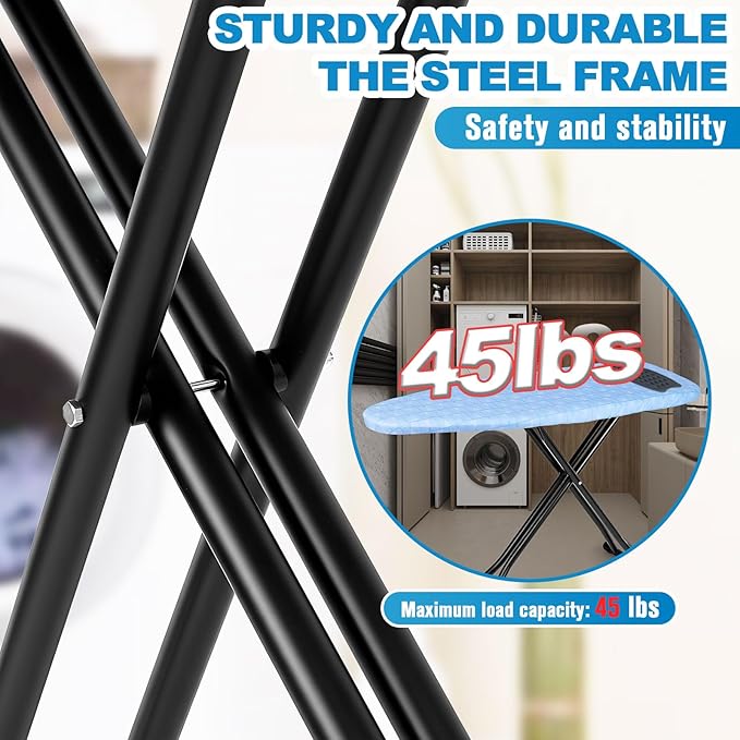 Ironing Board with Silicon Iron Mat Heavy Metal Frame Legs Iron Stand for Home, Laundry Room, Foldable Compact Ironing Board Wall Mount Hanger, Height Adjustable, 13x43in