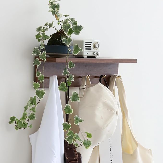 5-Hook Wall Mounted Coat Rack with Storage Shelf - Multi-Functional Key & Jacket Hanger for Entryway, Walnut Finish, Style D-2