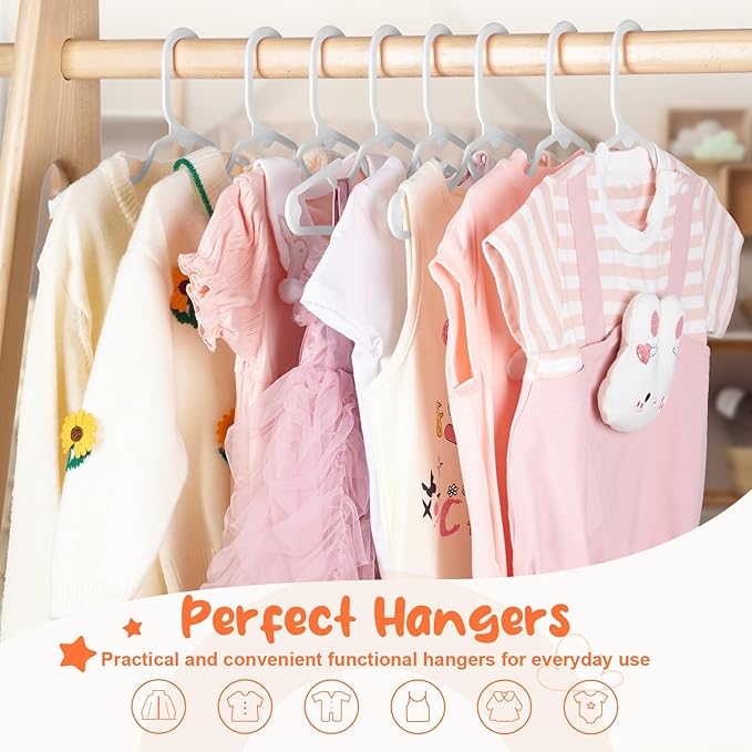 HOUSE DAY Premium Baby Hangers 60 Pack, 11 Inch Kids Plastic Hanger White, Slim Childrens Hangers for Infant, Toddler, Child Clothes, Non-Slip & Durable Baby Clothes Hanger for Closet