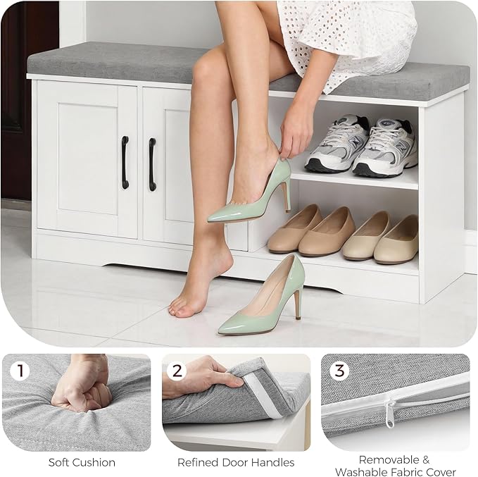 Storage Bench, 39.4" Wide Shoe Bench with Padded Seat Cushion, Entryway Bench with 2 Doors and Adjustable Shelf, End of Bed Bench, for Hallway, Bedroom, White and Gray BSWT1201