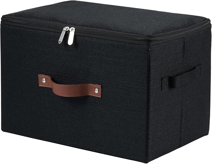 Storage Bins with Zipper Lid Cotton Linen Fabric Lidded Storage Baskets Boxes Foldable Washable Closet Shelf Clothes Organizer Container with PU Leather Handles (Black, Large Size)