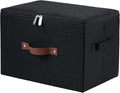 Storage Bins with Zipper Lid Cotton Linen Fabric Lidded Storage Baskets Boxes Foldable Washable Closet Shelf Clothes Organizer Container with PU Leather Handles (Black, Large Size)