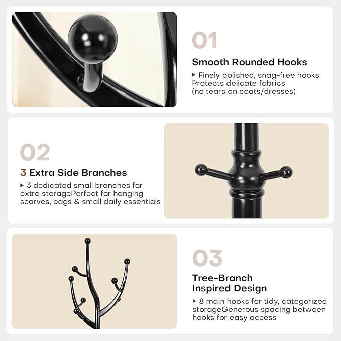 Freestanding Rubberwood Coat Rack, 11 Hooks & 16.5" Wide Round Base, Wooden Coat Rack Stand, Coat Hanger Free Standing Hall Tree for Entryway, Hallway, Bedroom, Jacket, Clothes (Black)